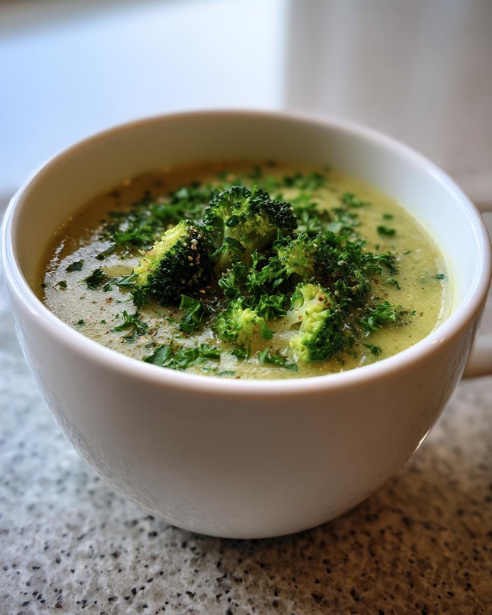 Nahaufnahme einer cremigen Brokkoli Kartoffel Suppe, garniert mit frischen Brokkoliröschen und Petersilie.