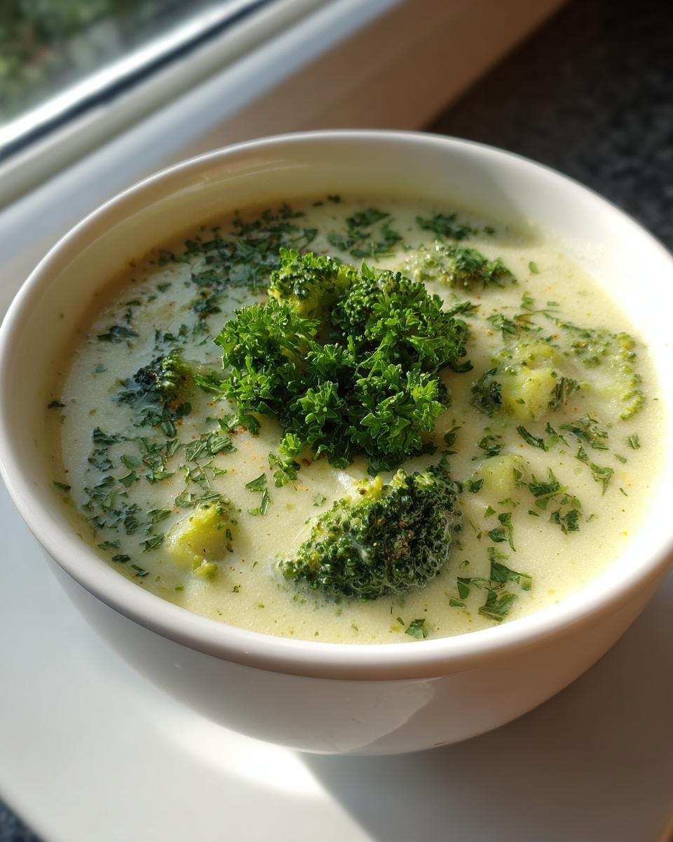 Eine cremige Schüssel Brokkoli Kartoffel Suppe, garniert mit frischer Petersilie und Brokkoliröschen.