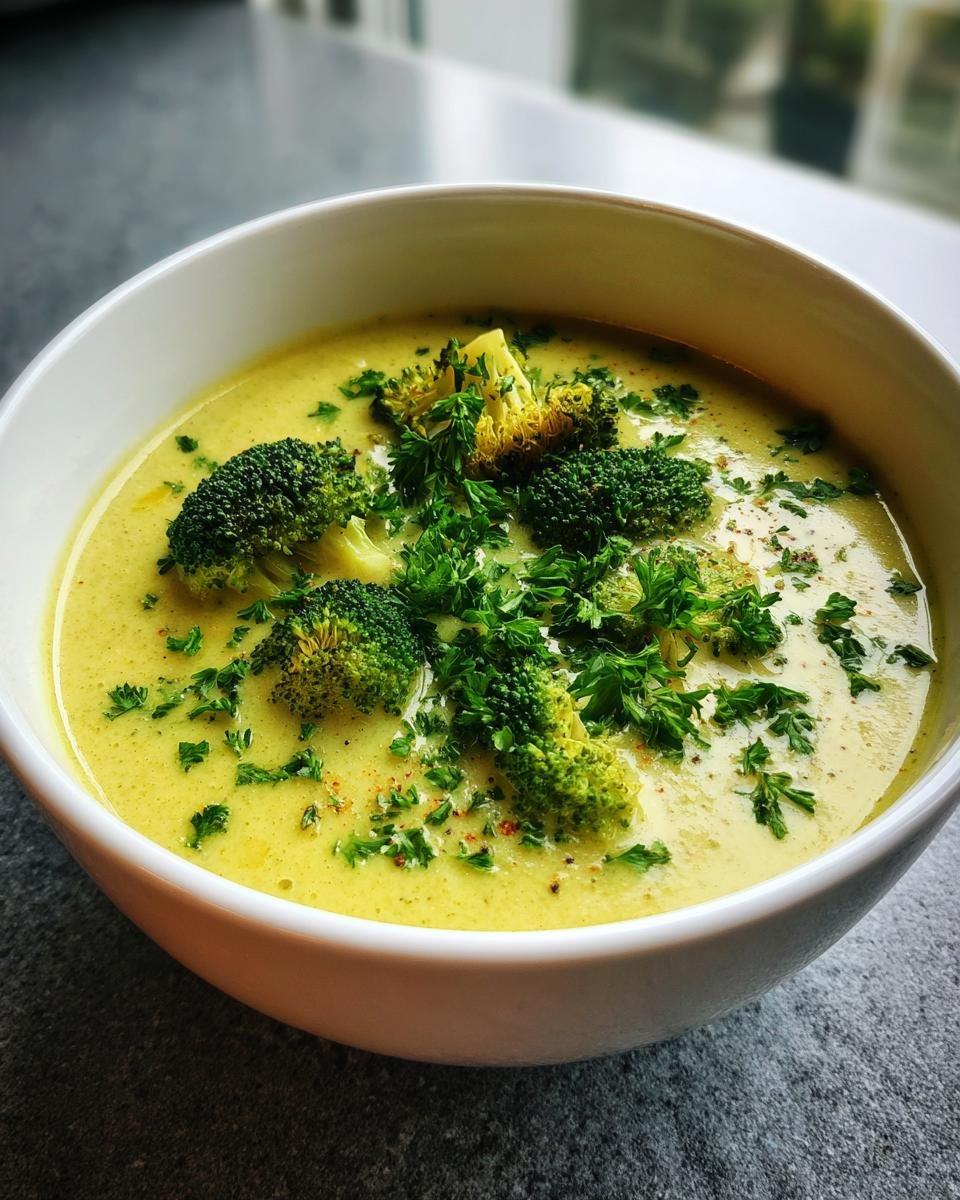 Nahaufnahme einer cremigen Brokkoli Kartoffel Suppe, garniert mit Brokkoliröschen und frischer Petersilie.