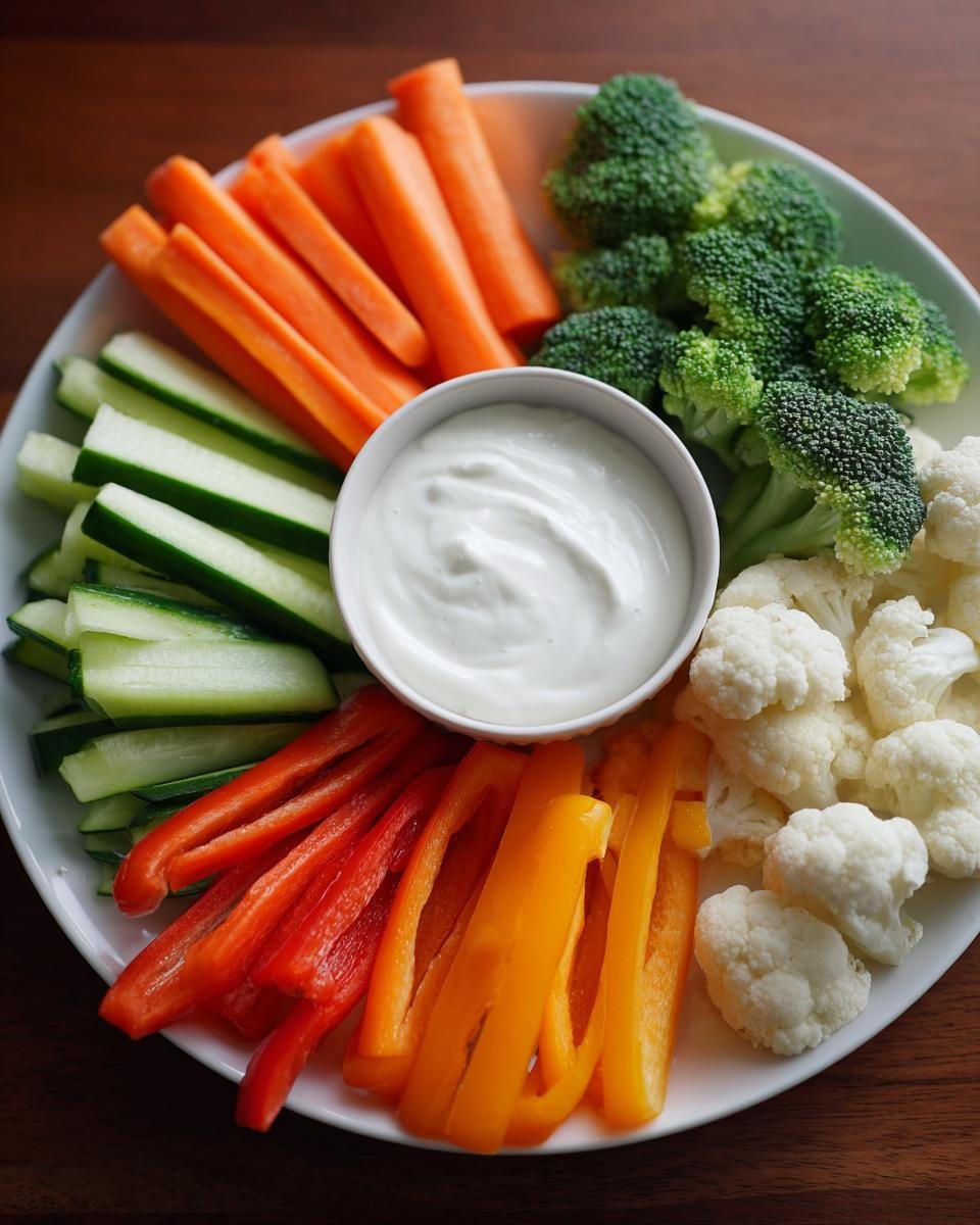 Ein Teller mit einem bunten Car Veggie Tray: Karottensticks, Gurken, Paprika, Brokkoli und Blumenkohl um eine Schale mit weißem Dip.
