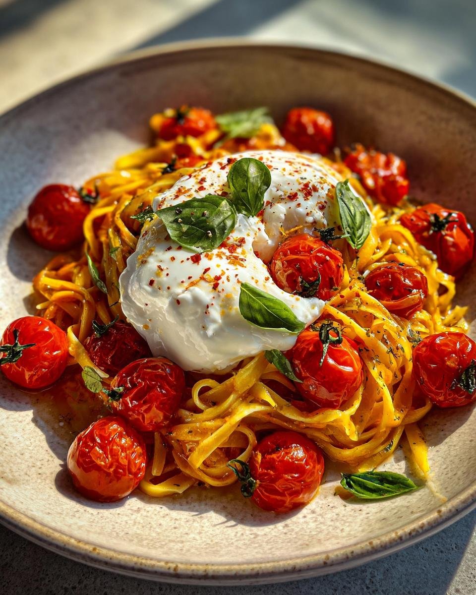 Nahaufnahme einer köstlichen Burrata-Tomaten-Pasta mit gelben Bandnudeln, gerösteten Kirschtomaten und einem großen Klecks Burrata.