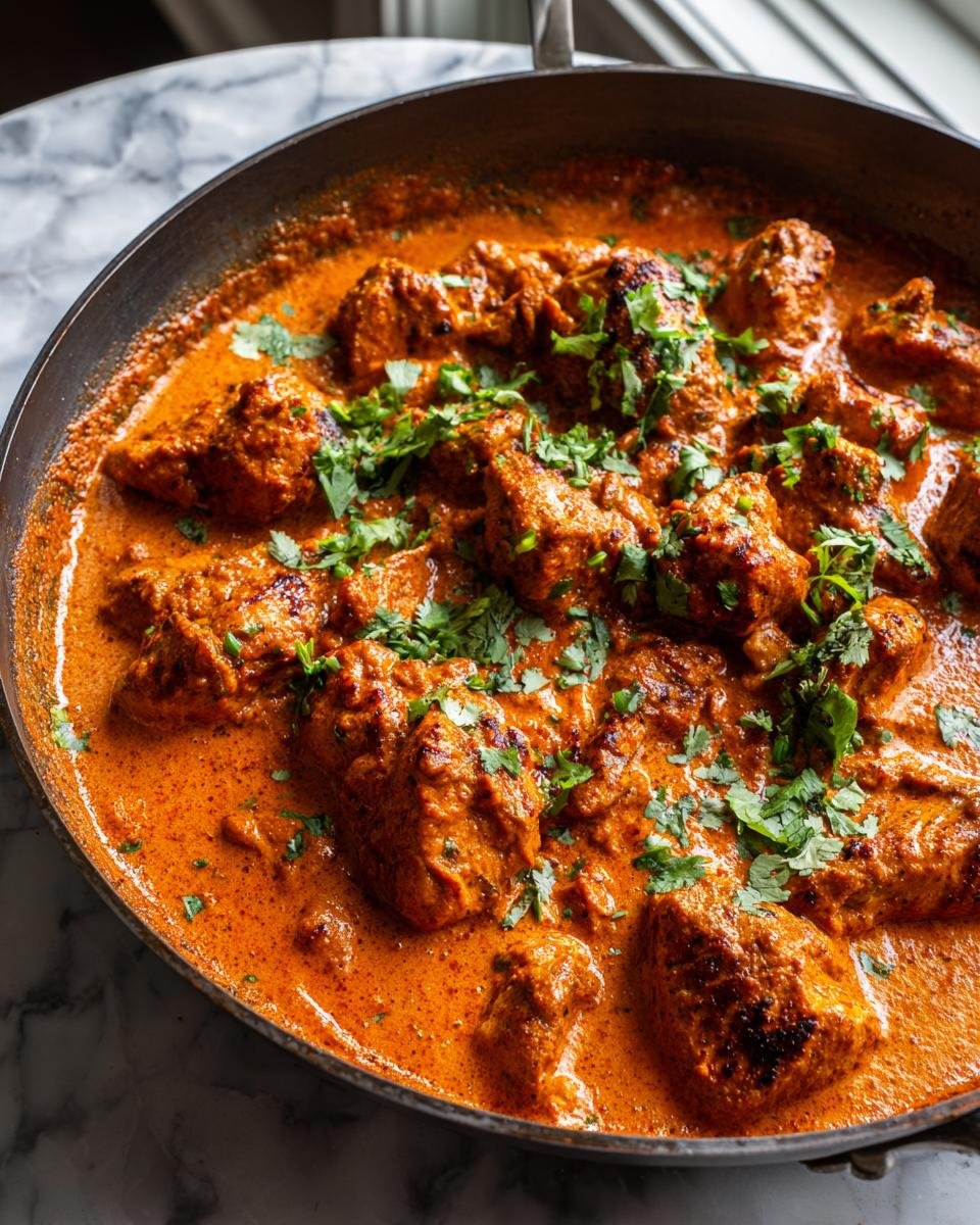Nahaufnahme des fertigen Butterhähnchen Texas Style Pfanne in einer dunklen Pfanne, bedeckt mit cremiger Sauce und frischem Koriander.