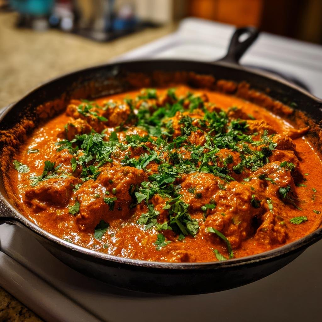 Nahaufnahme von cremigem Butterhähnchen Texas Style Pfanne mit viel frischer Petersilie in einer gusseisernen Pfanne.