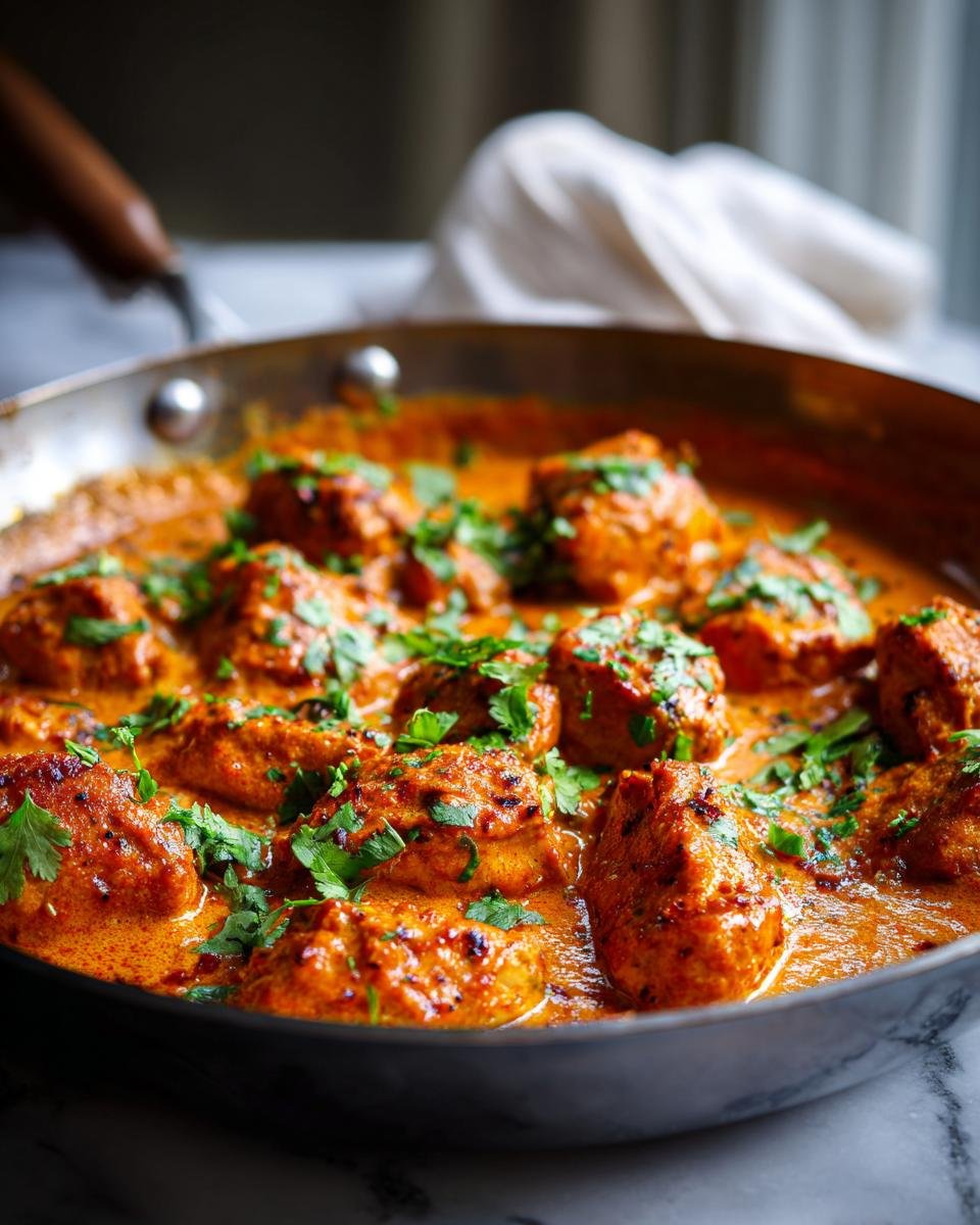 Nahaufnahme von saftigen Hähnchenstücken in einer cremigen, orangefarbenen Sauce, garniert mit frischem Koriander, fertig als Butterhähnchen Texas Style Pfanne.