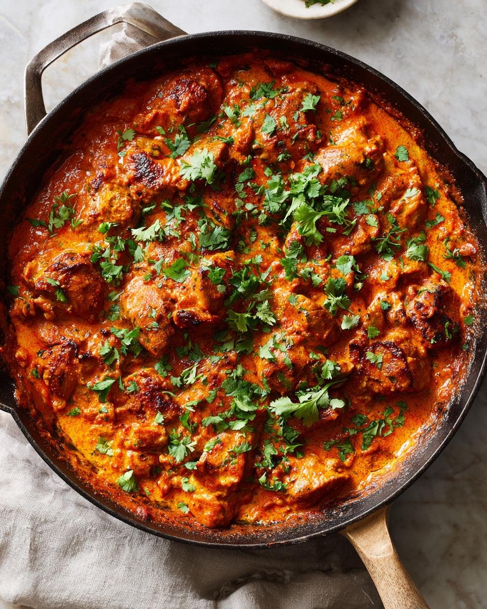 Nahaufnahme der fertigen Butterhähnchen Texas Style Pfanne mit cremiger roter Sauce und frischem Koriander.