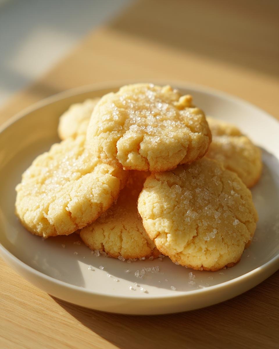Stapel goldgelber Butterplätzchen, bestreut mit grobem Zucker, auf einem hellen Teller.