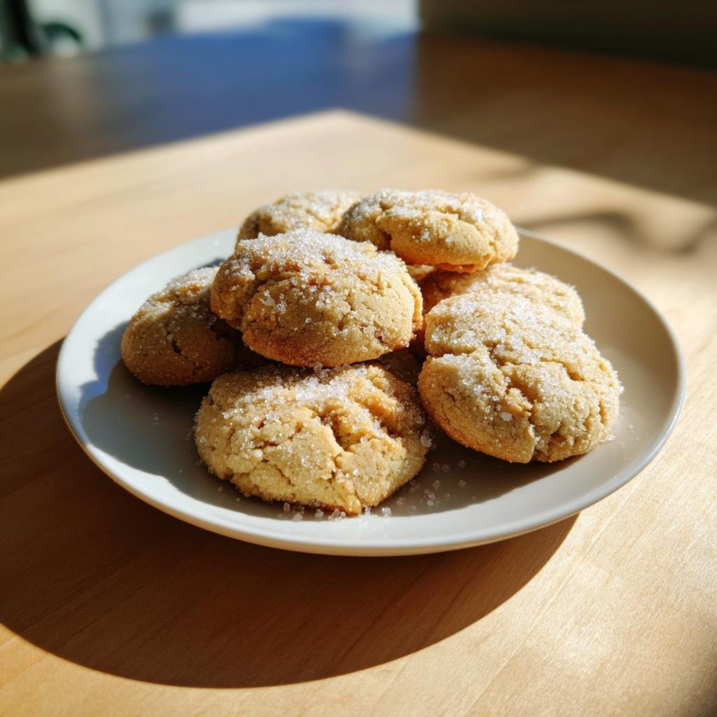 Ein Stapel frisch gebackener Butterplätzchen, bestreut mit grobem Zucker, auf einem hellen Teller.