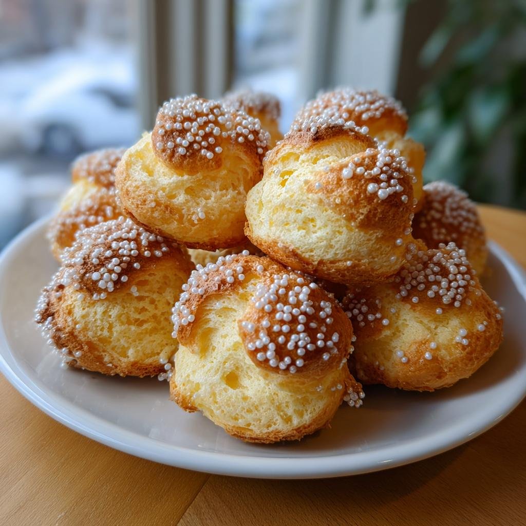 Ein Stapel goldbrauner Butterwölkchen, verziert mit weißem Hagelzucker, serviert auf einem weißen Teller.