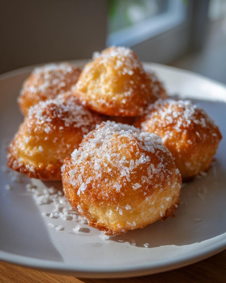 Fünf goldbraune Butterwölkchen, bestreut mit grobem Zucker, auf einem hellen Teller.