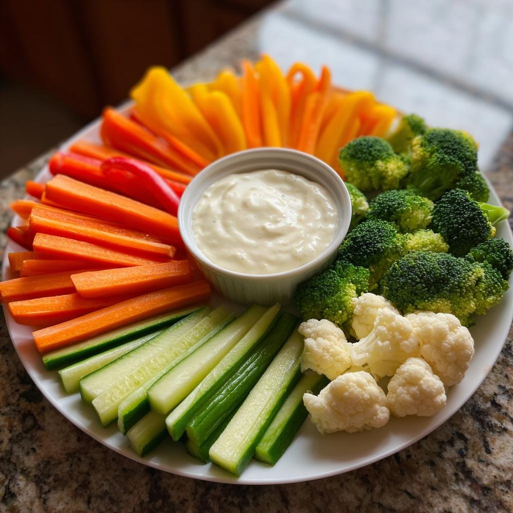 Bunte Anordnung von Karotten-, Gurken-, Paprika-, Brokkoli- und Blumenkohlstücken auf einem Teller als Car Veggie Tray mit einem cremigen Dip in der Mitte.