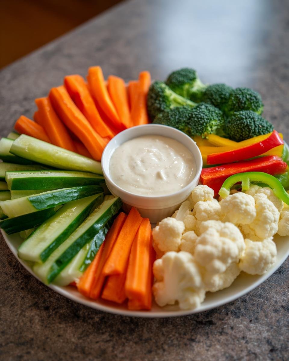 A vibrant Car Veggie Tray featuring carrot sticks, cucumber sticks, broccoli, cauliflower, and bell peppers surrounding a creamy white dip.