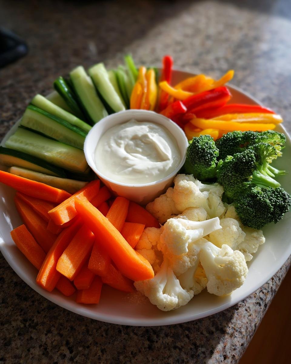 A colorful Car Veggie Tray featuring cut carrots, cucumbers, bell peppers, broccoli, and cauliflower surrounding a white dip.