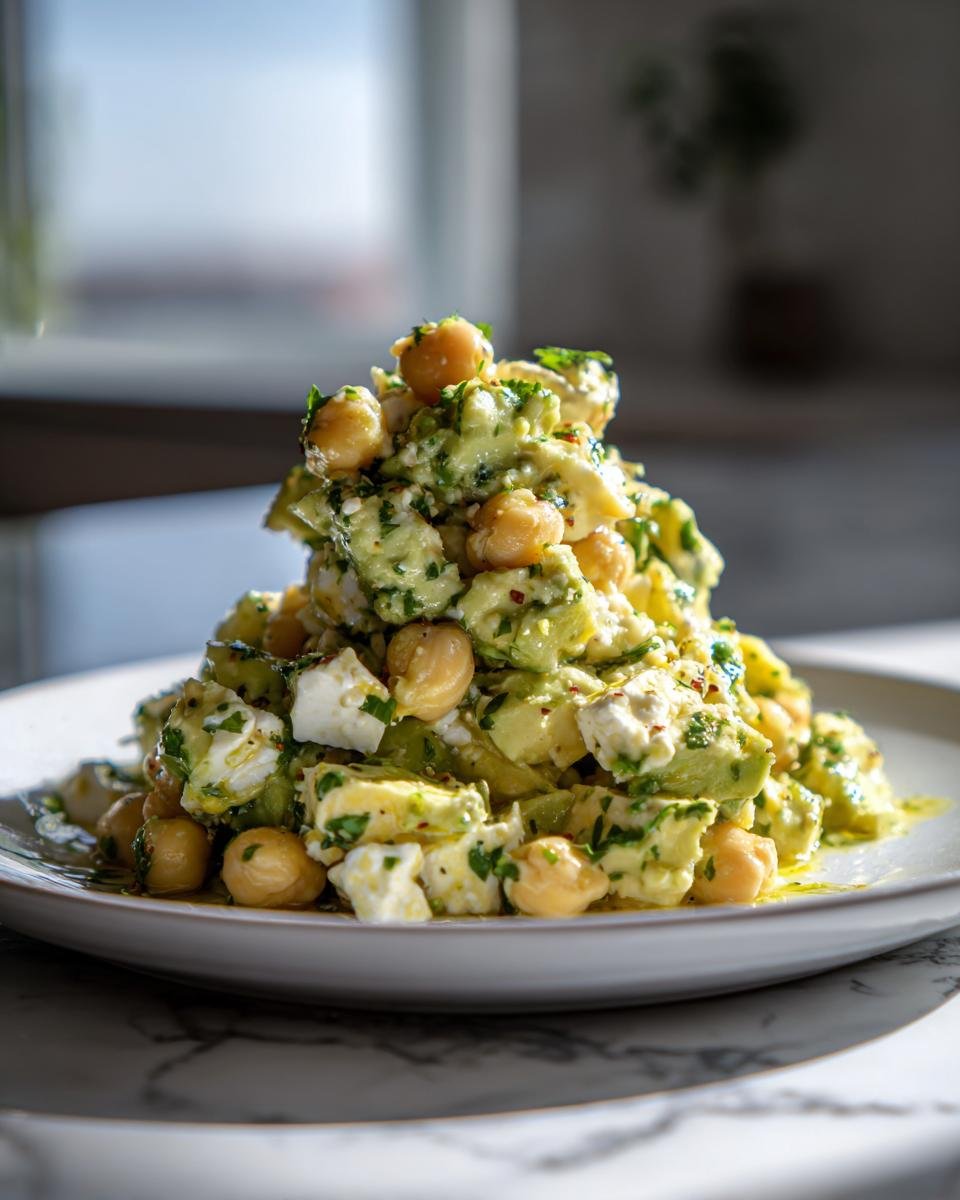 Ein hoher Haufen des cremigen Chickpea Feta Avocado Salad mit Kichererbsen, Feta und Avocado auf einem weißen Teller.