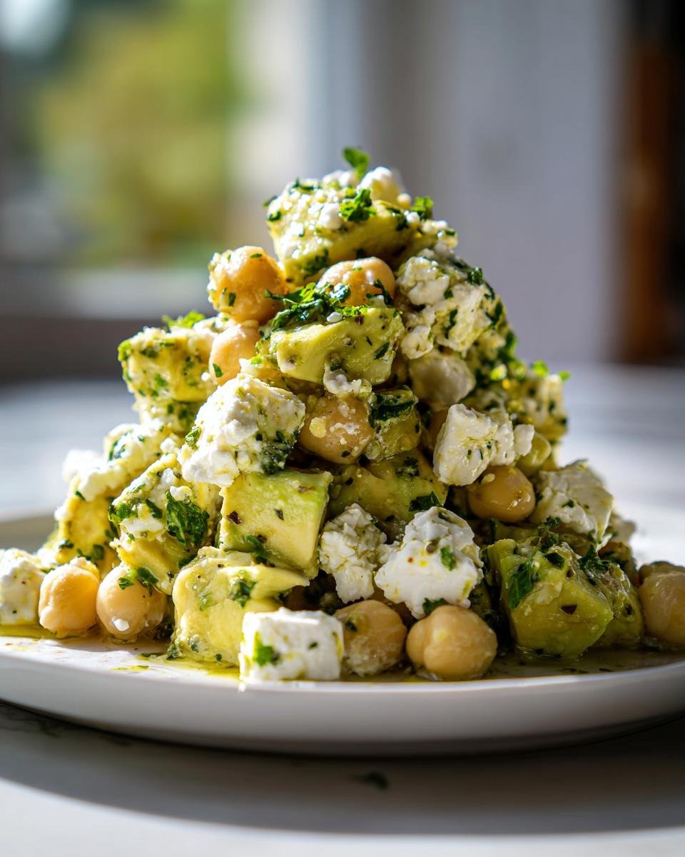Ein hoher Stapel des frischen Chickpea Feta Avocado Salad mit Kichererbsen, Avocado-Stücken und Feta-Käse.