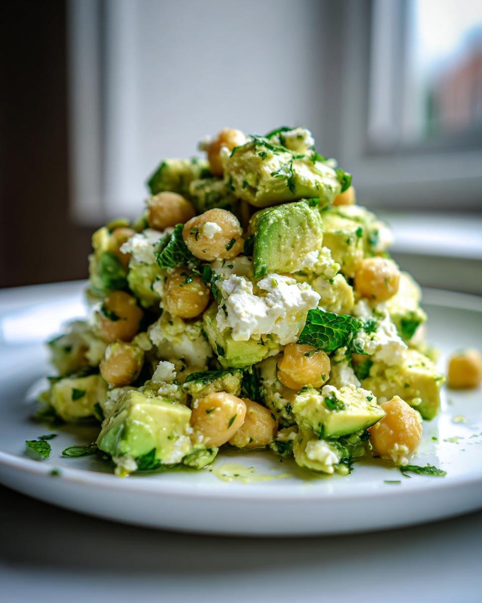 Ein hoher Haufen des frischen Chickpea Feta Avocado Salad mit Avocado-Stücken, Kichererbsen und zerbröseltem Feta.