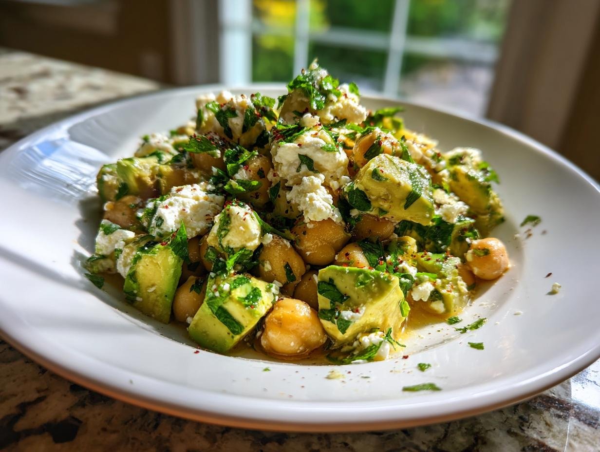 Nahaufnahme eines bunten Chickpea Feta Avocado Salad mit viel Avocado, Feta und Kräutern auf einem weißen Teller.