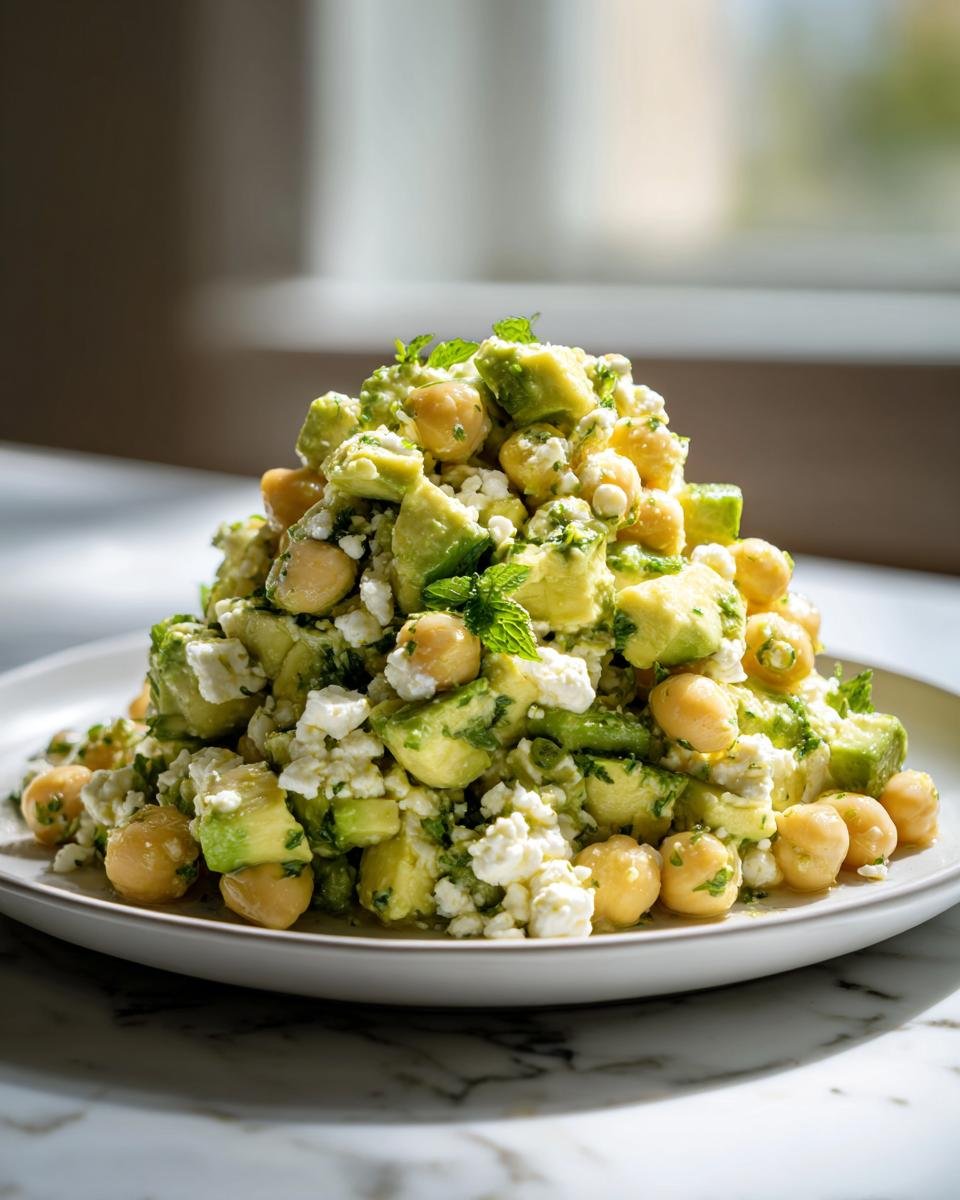 Ein hoher Berg aus Chickpea Feta Avocado Salat mit Kichererbsen, Avocado und Feta, garniert mit Minze.