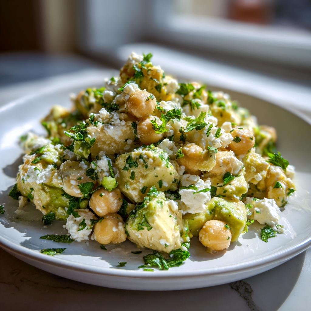 Nahaufnahme eines reichhaltigen Chickpea Feta Avocado Salat mit Kichererbsen, Avocado und zerbröseltem Feta, bestreut mit Kräutern.