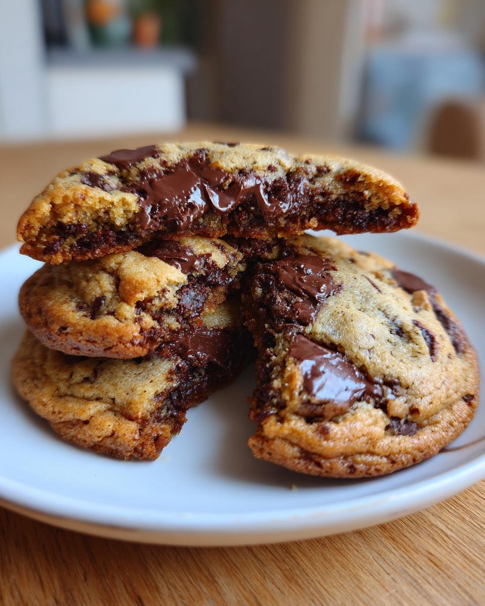 Close-up of gooey chocolate chip cookies, cut open to show melted chocolate, which Schmecken bombastisch.
