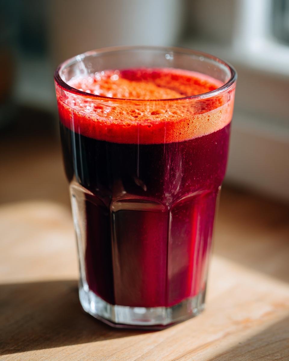 Nahaufnahme eines dunkelroten Cholesterin-Killer-Saft mit Schaumkrone auf einem Holztisch.