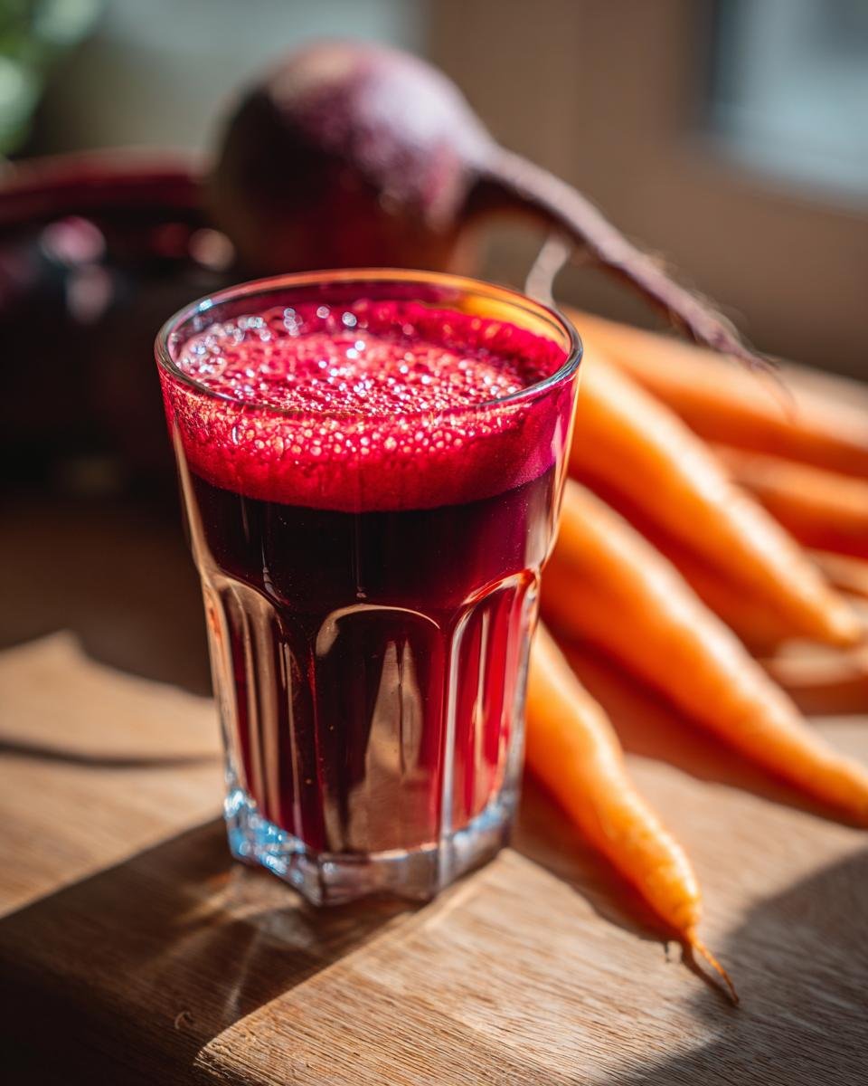 Ein Glas tiefroter Cholesterin-Killer-Saft mit Schaumkrone, daneben liegen frische Karotten und eine Rote Bete.