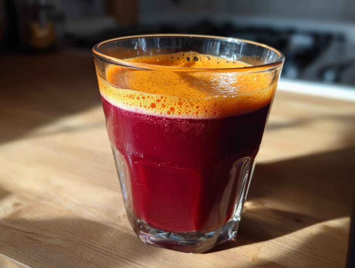 Nahaufnahme eines frisch gepressten, dunkelroten Cholesterin-Killer-Saft mit orangefarbenem Schaum in einem Glas auf einem Holztisch.