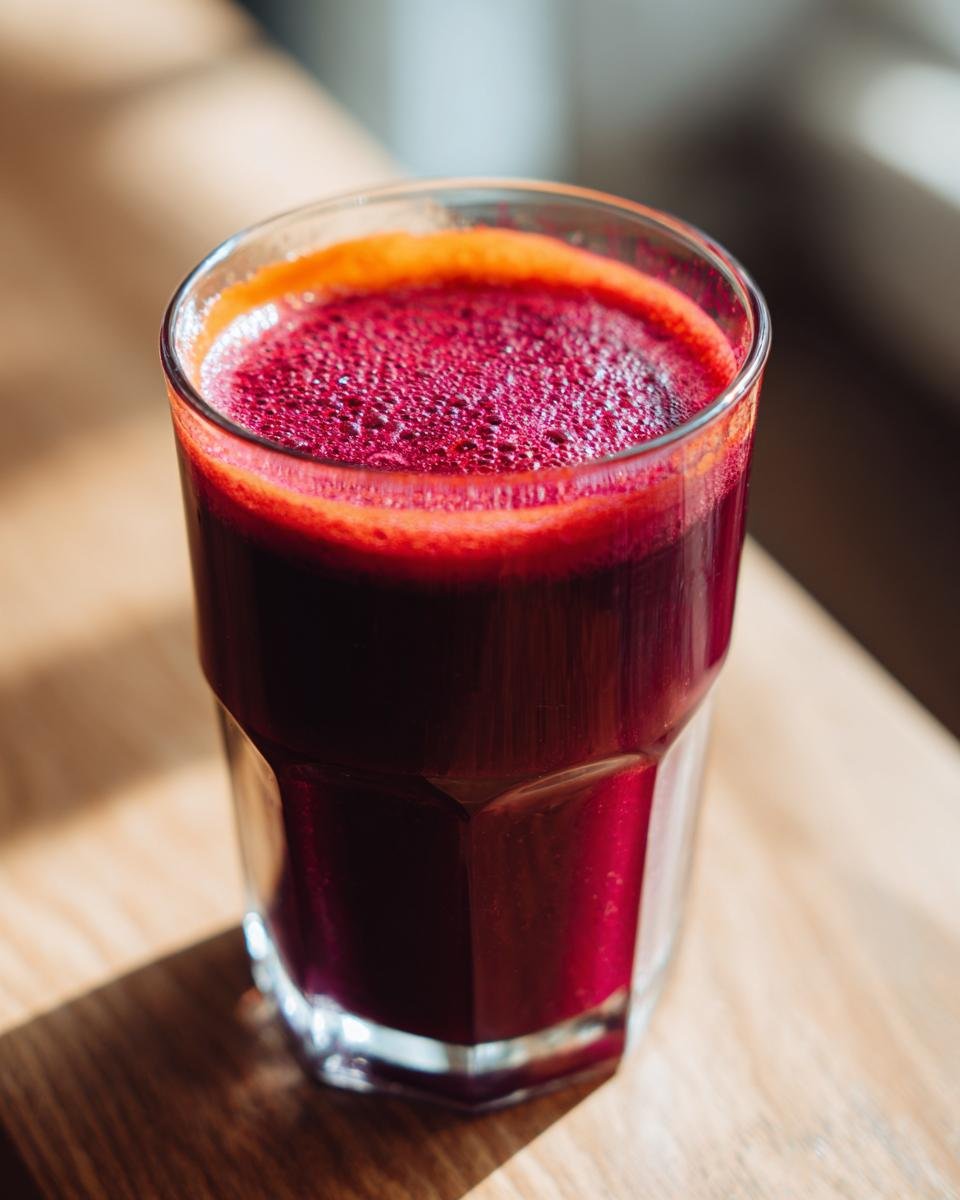 Nahaufnahme eines dunkelroten, schaumigen Cholesterin-Killer-Saft in einem Glas auf einem Holztisch.