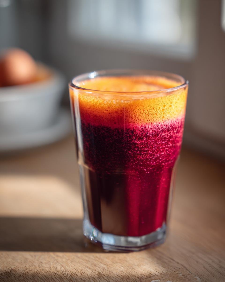 Nahaufnahme eines frisch gepressten Cholesterin-Killer-Saft mit leuchtend roter und oranger Schicht.