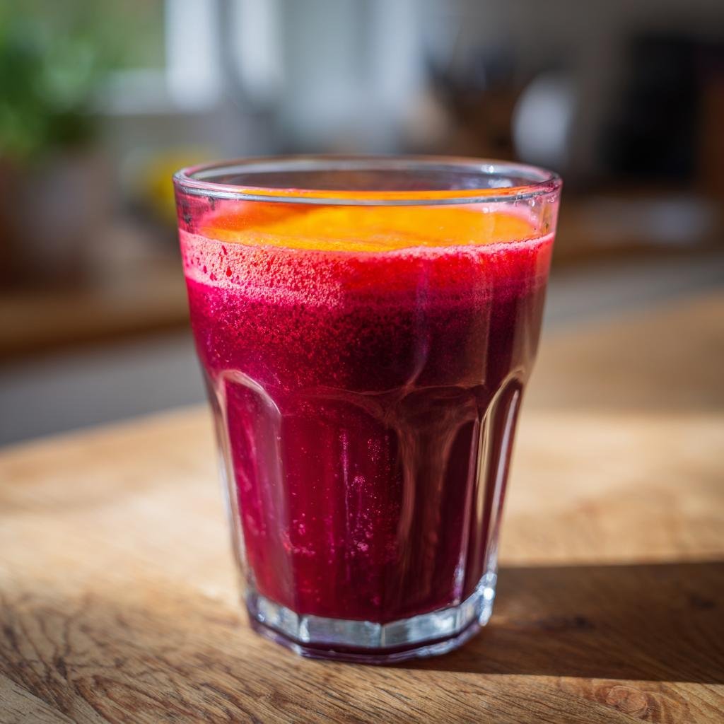 Nahaufnahme eines Glases mit leuchtend rotem und orangefarbenem Cholesterin-Killer-Saft auf einem Holztisch.