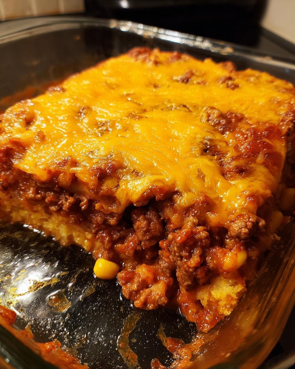 Nahaufnahme eines angeschnittenen Cowboy-Auflauf Rezept mit Hackfleischsauce und geschmolzenem Käse.