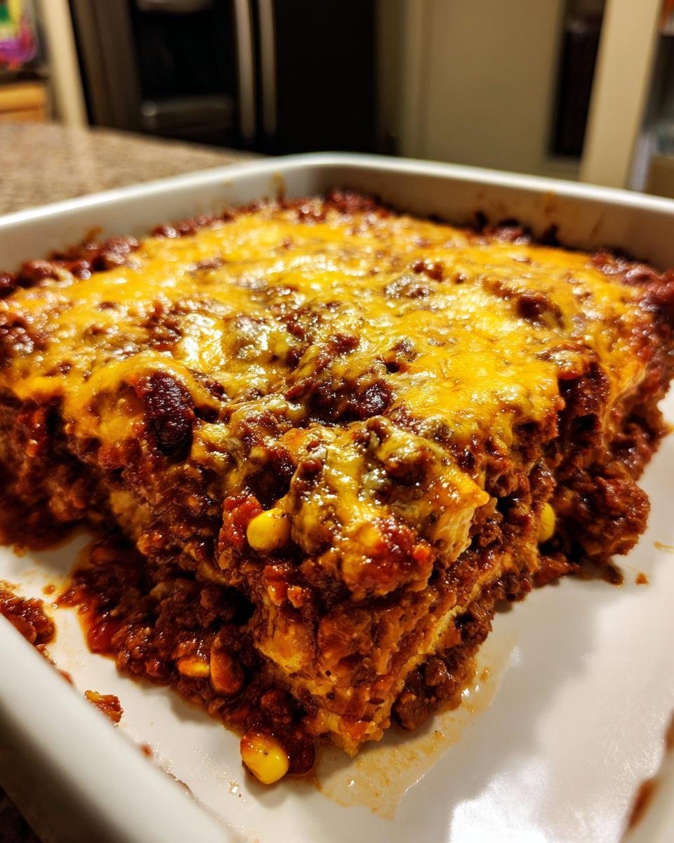 Nahaufnahme eines saftigen Cowboy-Auflauf Rezept mit einer dicken Schicht geschmolzenem, goldgelbem Käse.