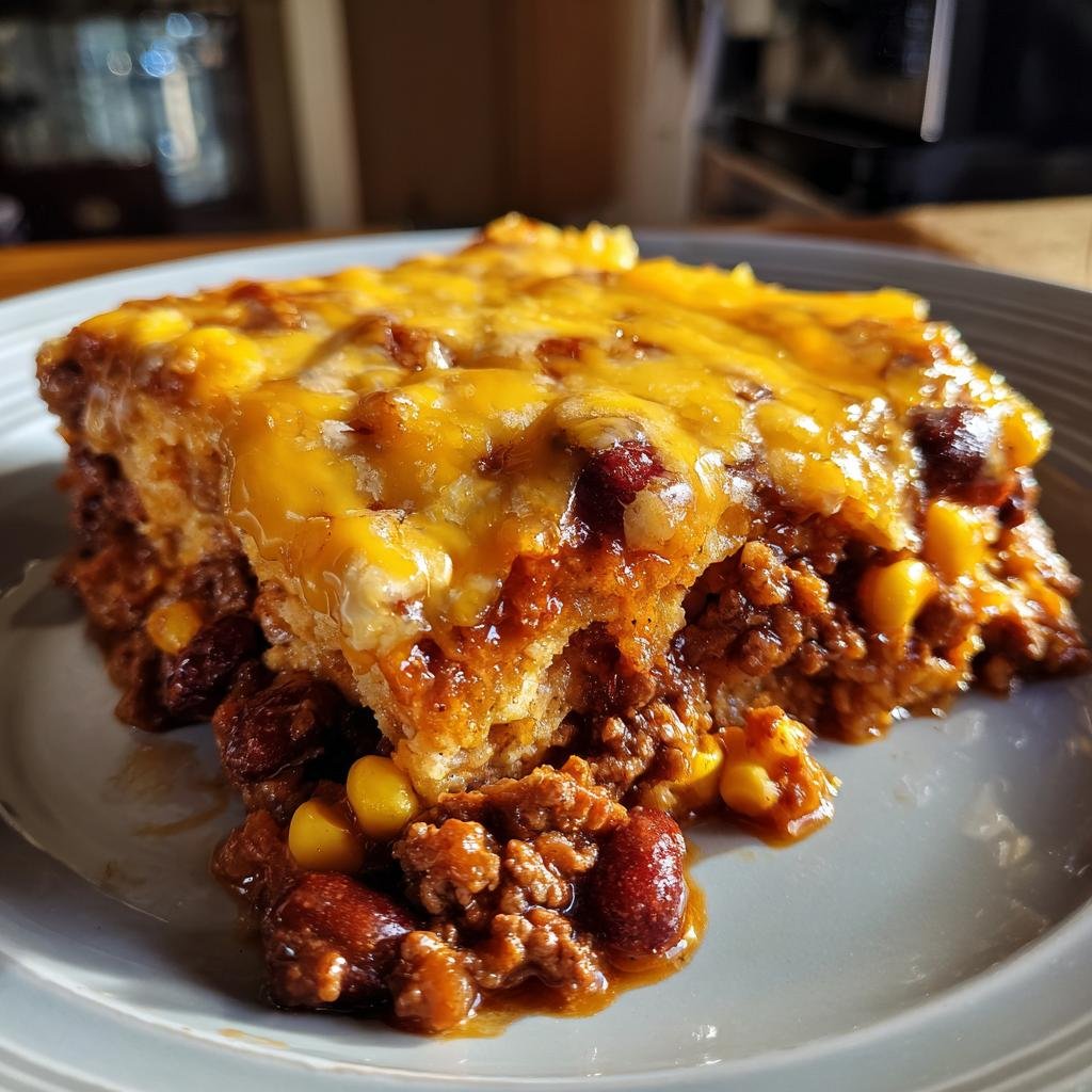 Ein saftiges Stück Cowboy-Auflauf Rezept mit Hackfleisch, Bohnen, Mais und geschmolzenem Cheddar-Käse.