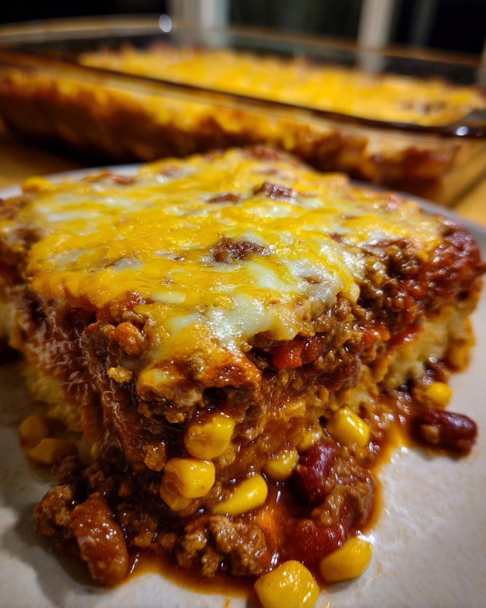 Nahaufnahme eines servierten Stücks Cowboy-Auflauf Rezept mit Hackfleisch, Mais, Bohnen und geschmolzenem Käse.