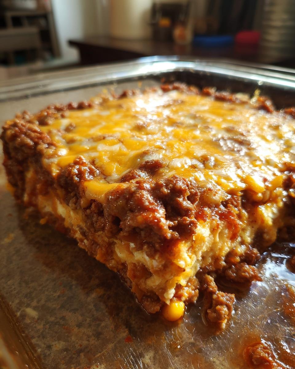 Nahaufnahme eines Stücks Cowboy-Auflauf Rezept mit Hackfleisch und geschmolzenem Käse.
