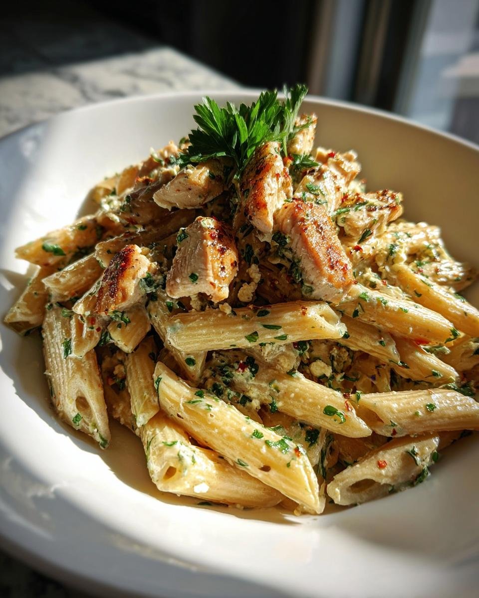 Nahaufnahme von Creamy Chicken Feta Pasta mit Penne, gebratenen Hähnchenstücken und Petersilie.