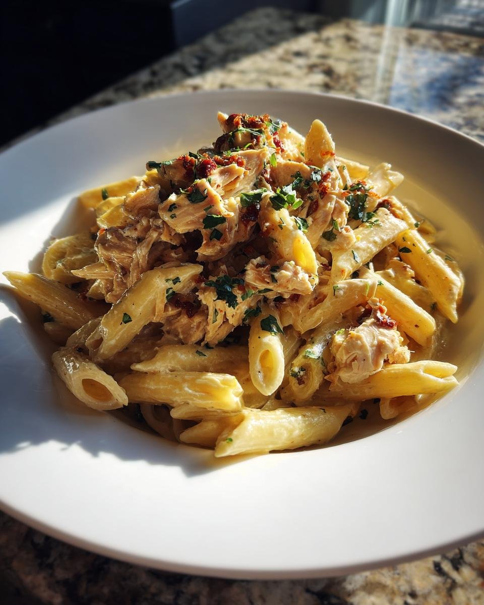Nahaufnahme von cremiger Chicken Feta Pasta mit Penne, garniert mit Petersilie und getrockneten Tomaten.