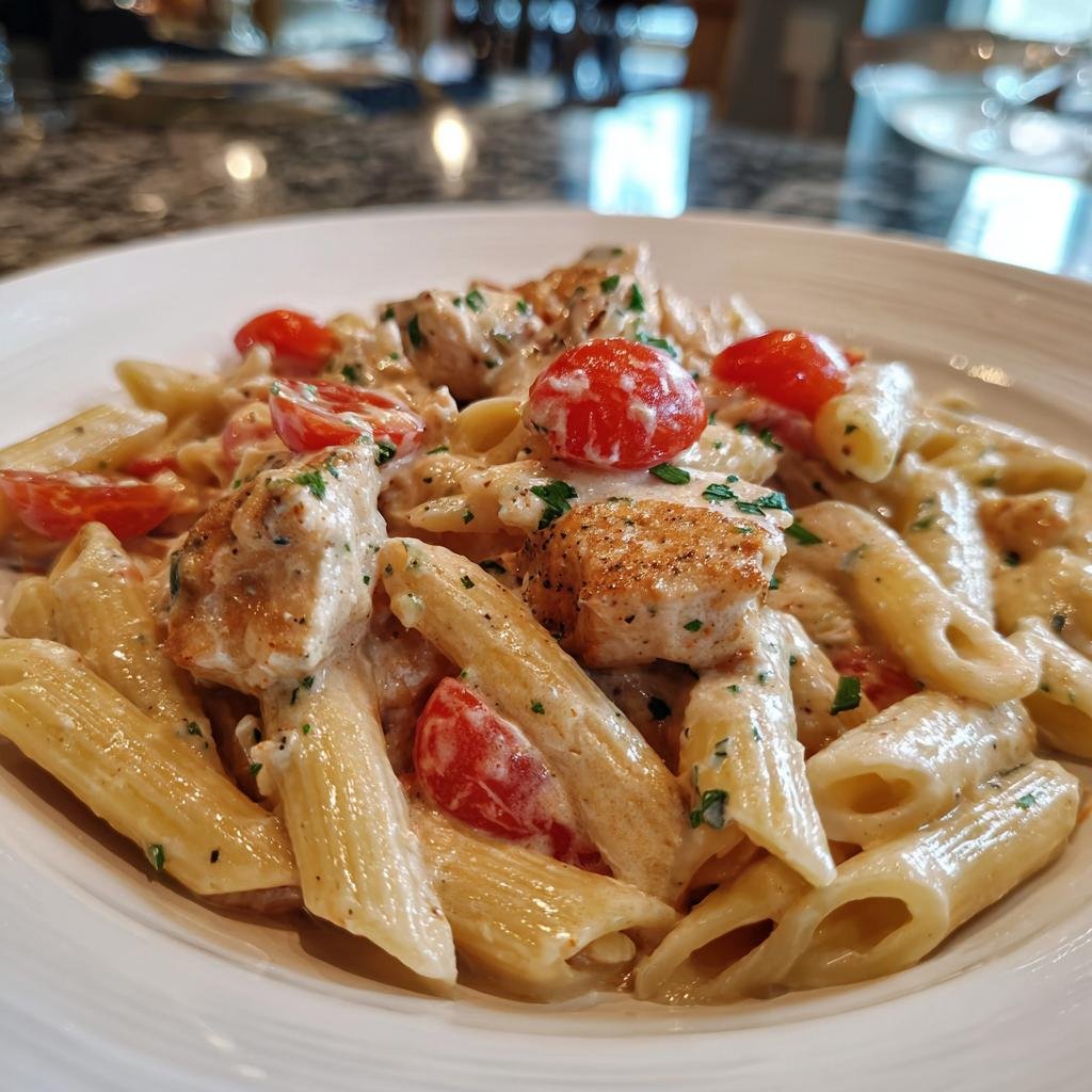 Nahaufnahme der cremigen Chicken Feta Pasta mit Penne-Nudeln, Hähnchenstücken und halbierten Kirschtomaten.