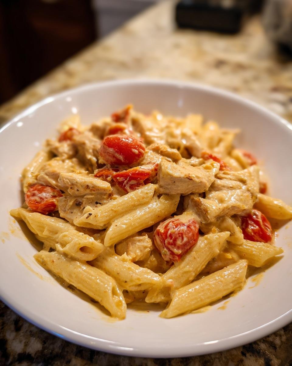 A close-up of a white bowl filled with Creamy Chicken Feta Pasta, featuring penne, chicken pieces, and halved cherry tomatoes.