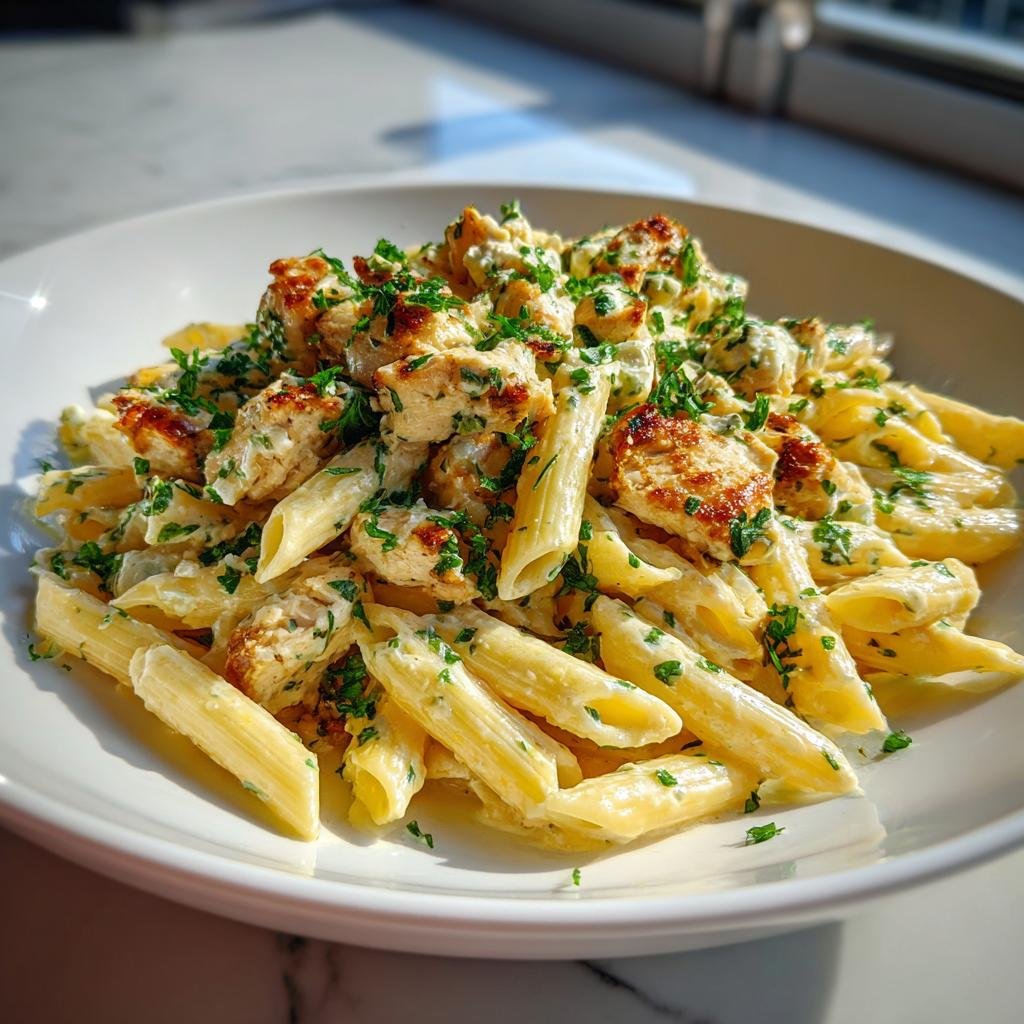 Nahaufnahme von Creamy Chicken Feta Pasta mit Penne, Hähnchenstücken und viel frischer Petersilie.