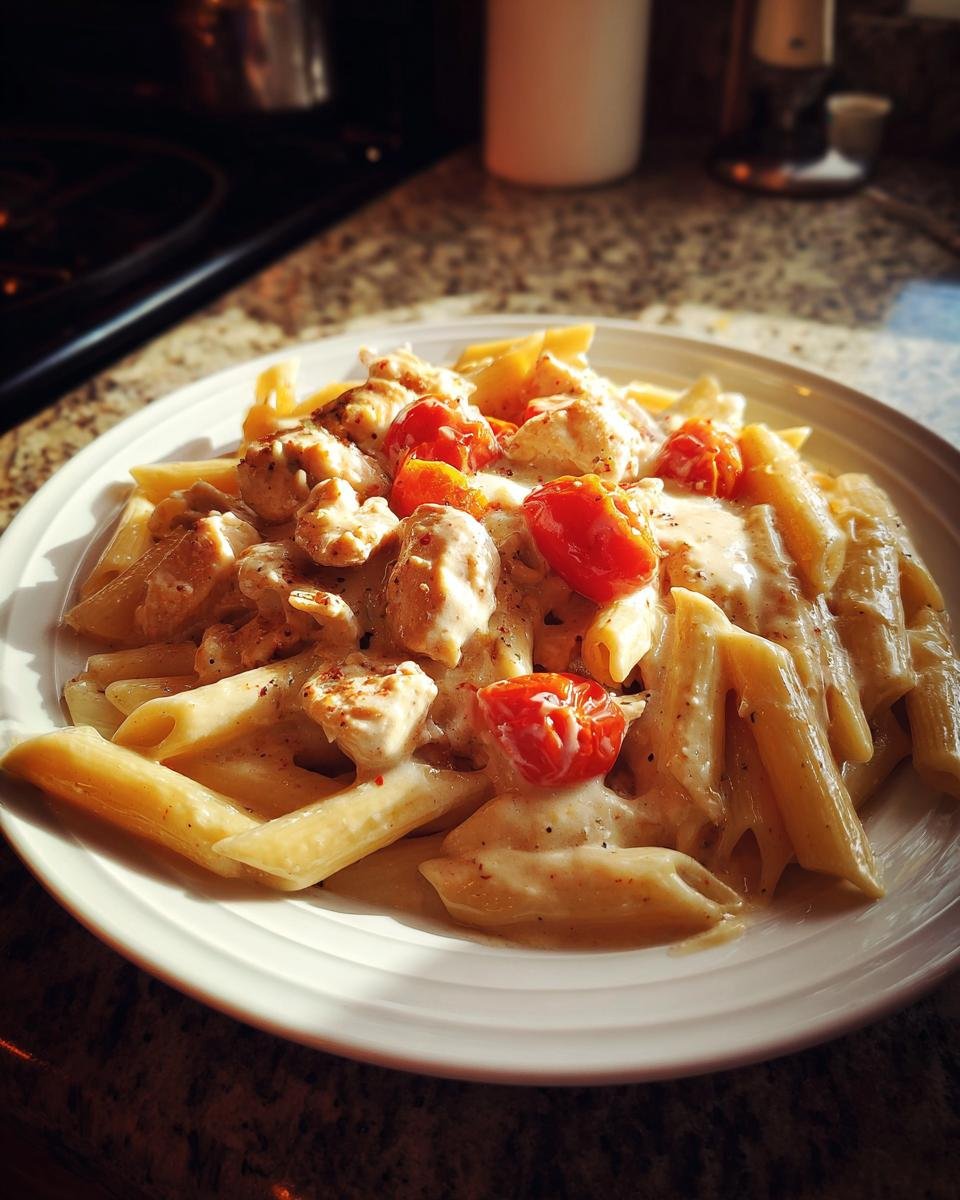 Teller mit cremiger Chicken Feta Pasta, Penne, Hähnchenstücken und halbierten Kirschtomaten.
