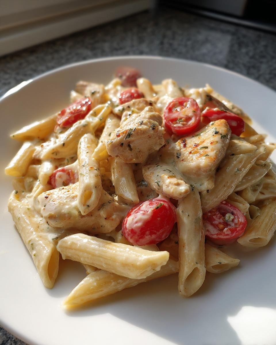 Nahaufnahme von Cremige Chicken Feta Pasta mit Penne, Hähnchenstücken und halbierten Kirschtomaten in einer cremigen Soße.
