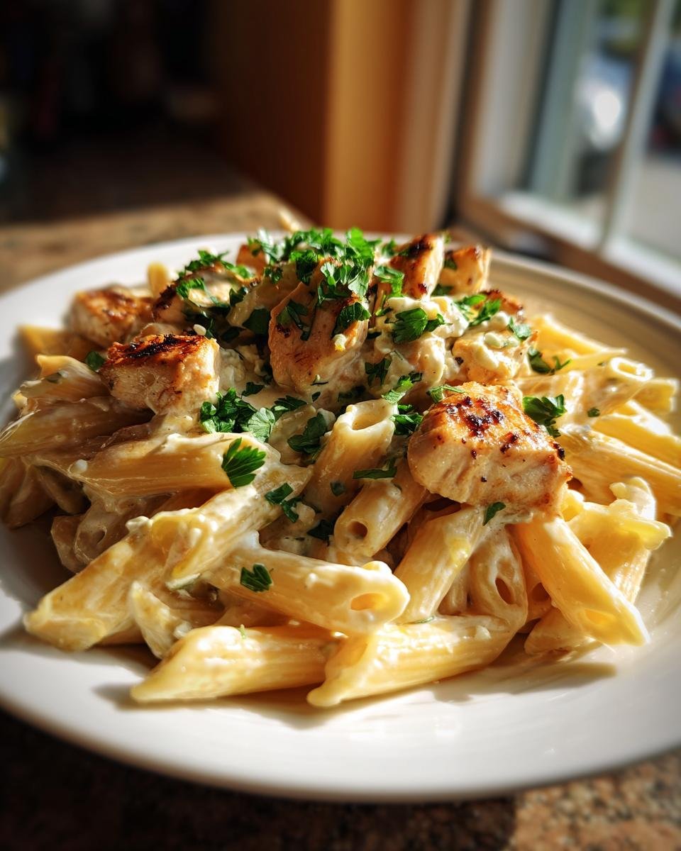 Teller mit cremiger Hähnchen Feta Pasta (Penne) bedeckt mit gebratenen Hähnchenstücken und frischer Petersilie.