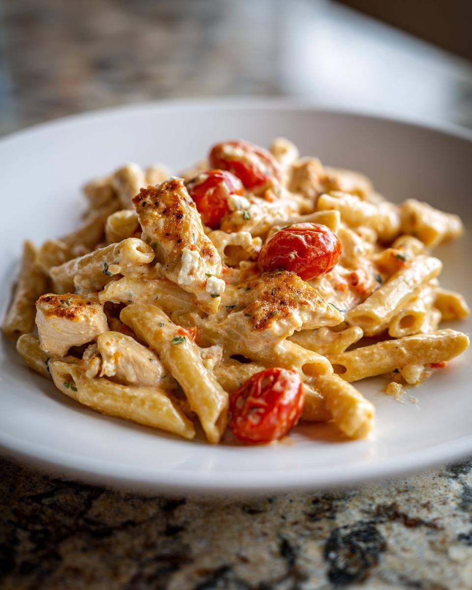 Nahaufnahme von Creamy Chicken Feta Pasta mit Penne, gebratenen Hähnchenstücken und halbierten Kirschtomaten in einer cremigen Soße.