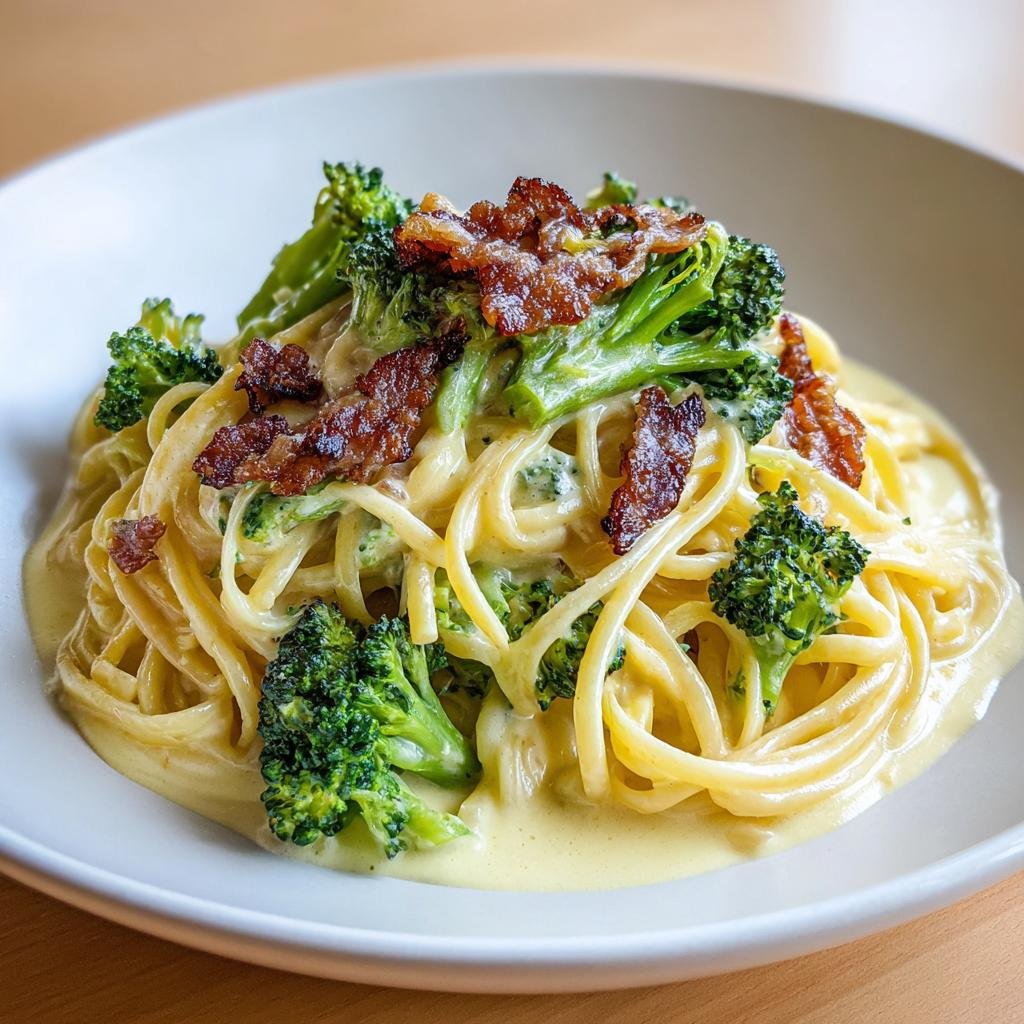 Nahaufnahme der Cremige Brokkoli Bacon Nudelpfanne mit Spaghetti, cremiger Sauce, Brokkoli und knusprigem Bacon.