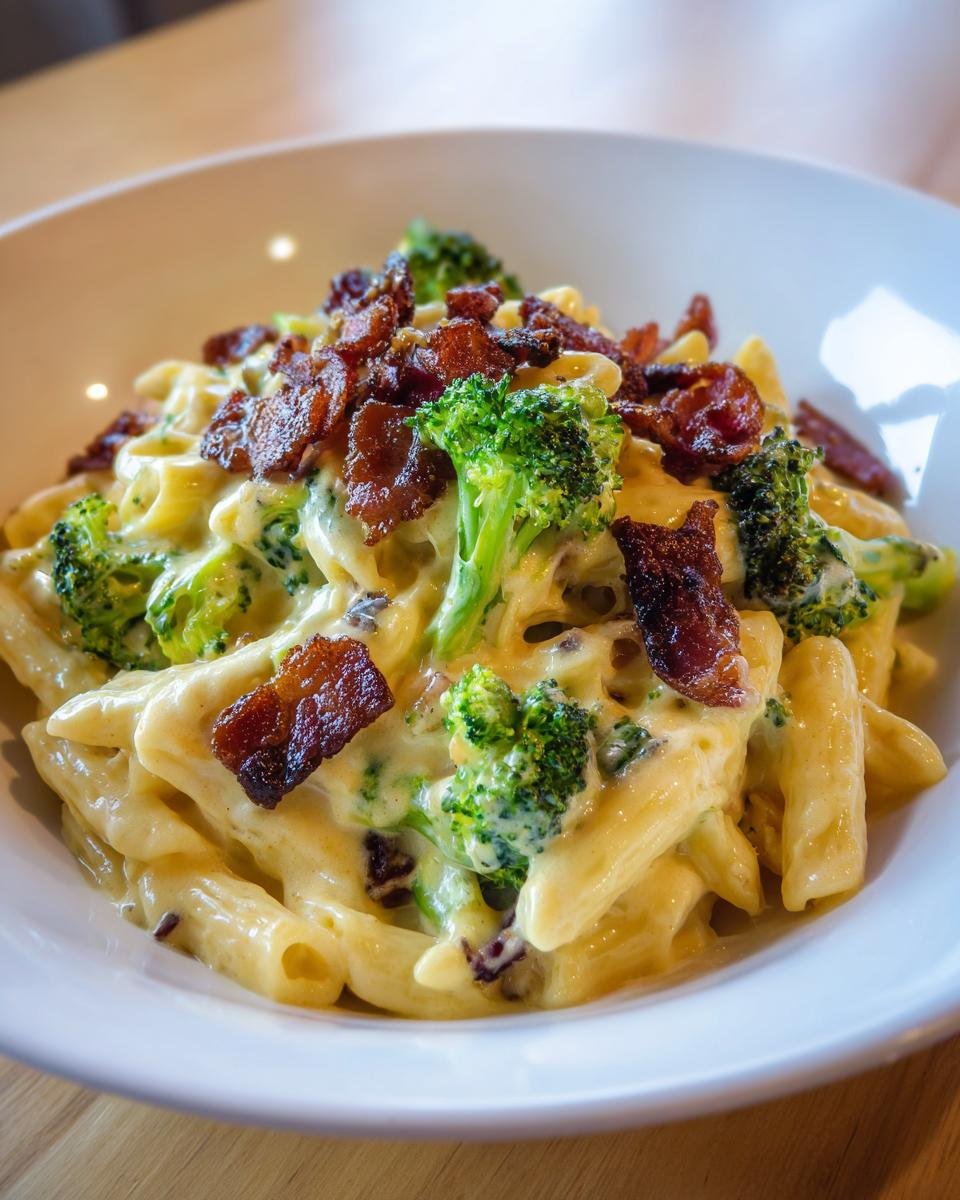Nahaufnahme einer Cremige Brokkoli Bacon Nudelpfanne mit Penne-Nudeln, cremiger Soße, Brokkoli und knusprigem Speck.