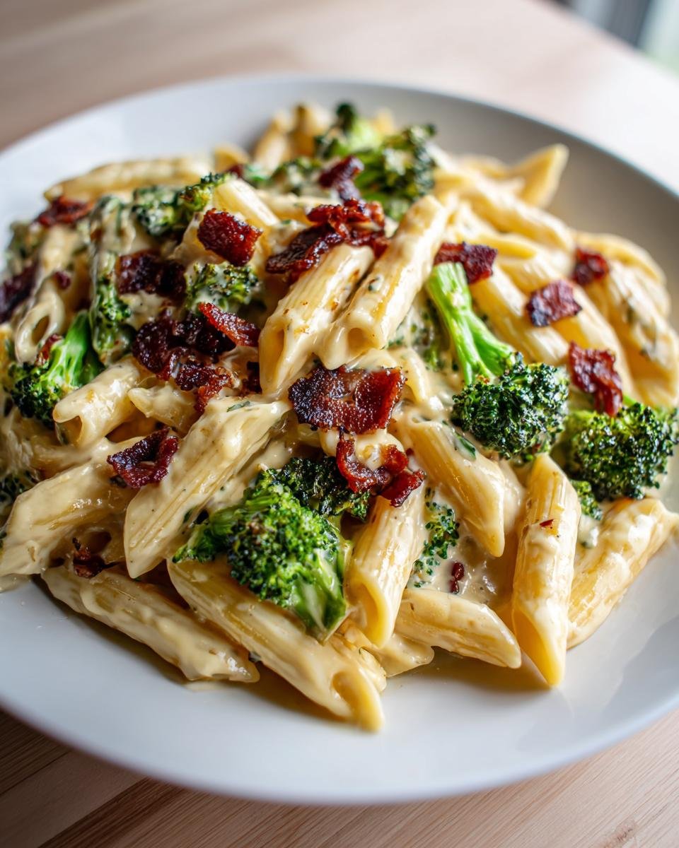 Nahaufnahme einer cremigen Brokkoli Bacon Nudelpfanne mit Penne-Nudeln, Brokkoli und knusprigem Speck.