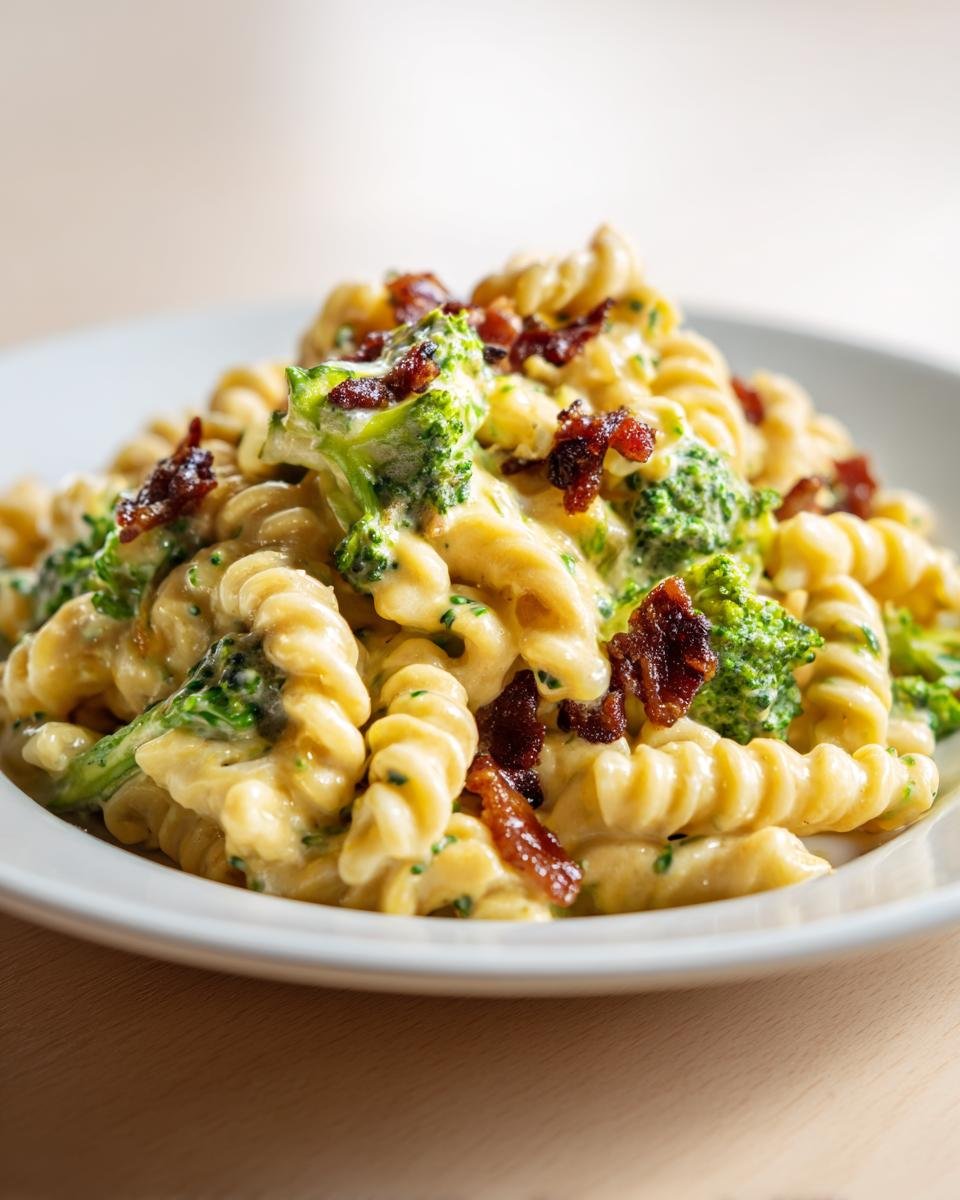 Nahaufnahme der Cremige Brokkoli Bacon Nudelpfanne mit cremiger Käsesauce und knusprigem Speck.