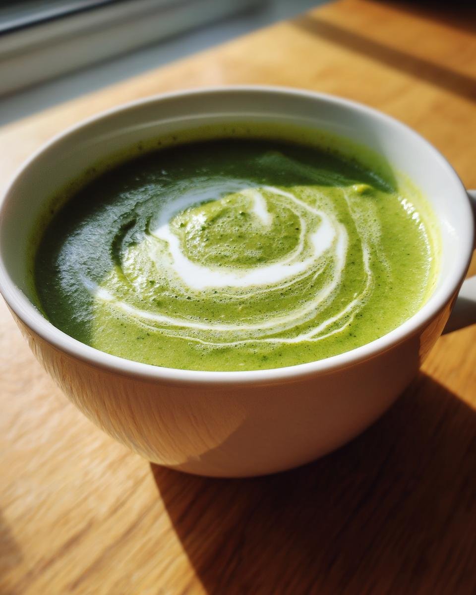 Nahaufnahme einer cremigen Brokkolisuppe Mit Käse Und Kartoffeln, verziert mit einem Sahnewirbel.