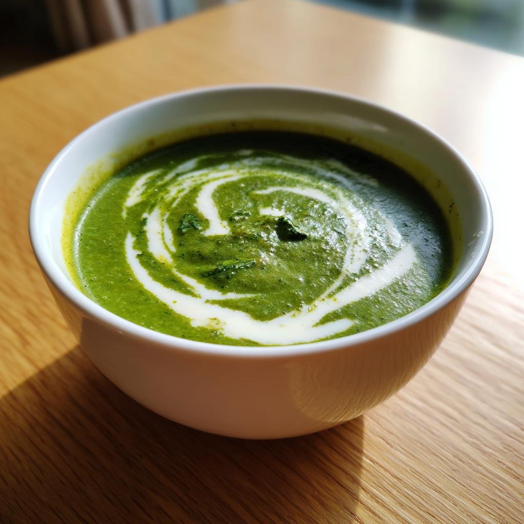 Eine Schüssel Cremige Brokkolisuppe Mit Käse Und Kartoffeln, verziert mit einem Sahnewirbel.