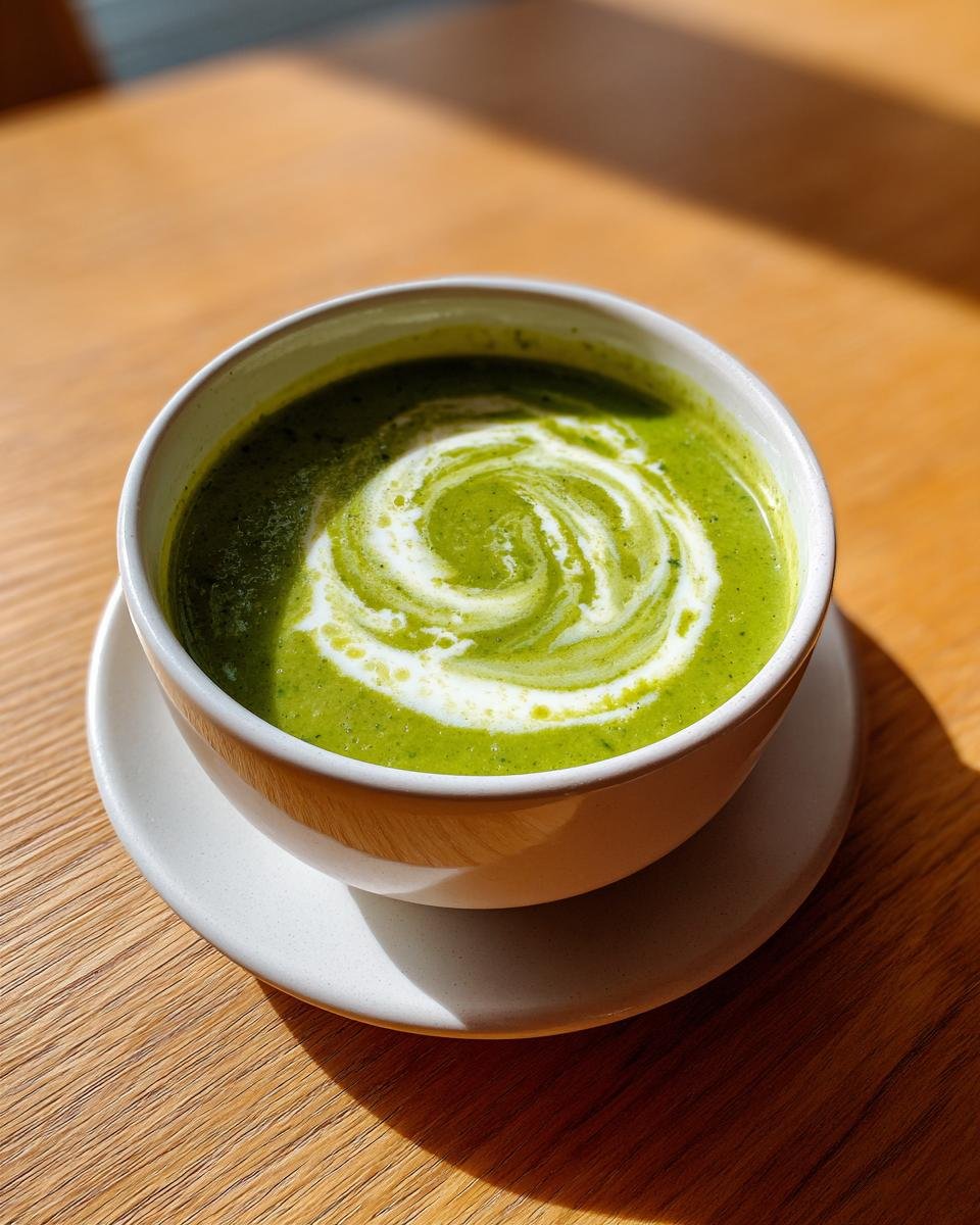 Eine Schüssel Cremige Brokkolisuppe Mit Käse Und Kartoffeln, verziert mit einem Sahnewirbel, auf einem Holztisch.